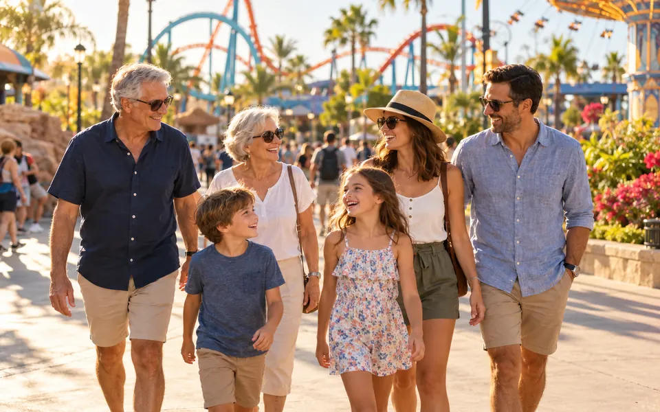 Family enjoying a lively theme park walkway